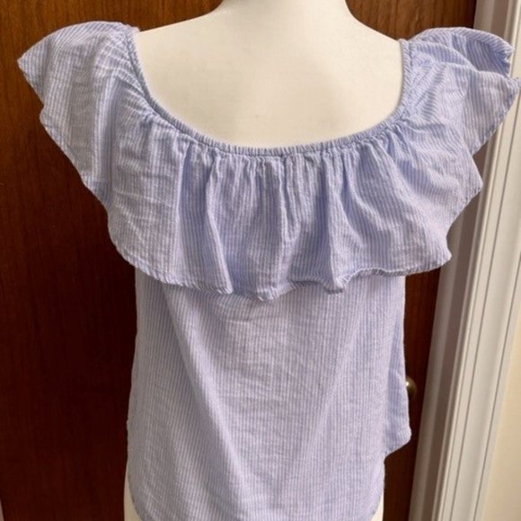 Tresics light blue & white stripe ruffle on or off the shoulder top - Picture 2 of 5